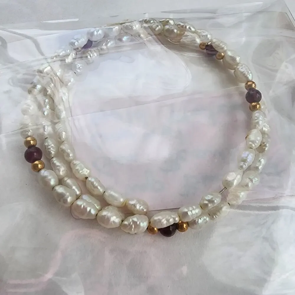 Wrap around bracelet genuine rice pearls white‎  Garnet gold beaded boho artisan